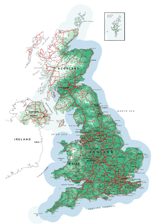 UK radio coverage map of the Vodafone Paging Network  